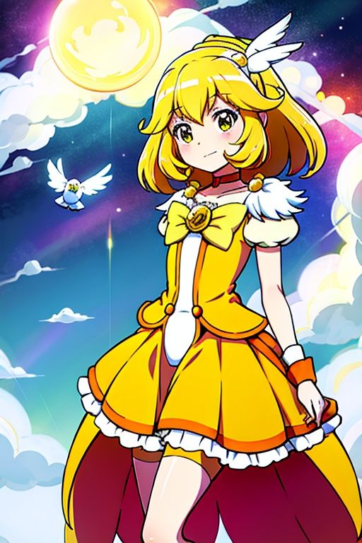 a woman in a yellow dress and a hat with a bird on her head,  symphogear,  anime girl named lucy on Tensor.Art