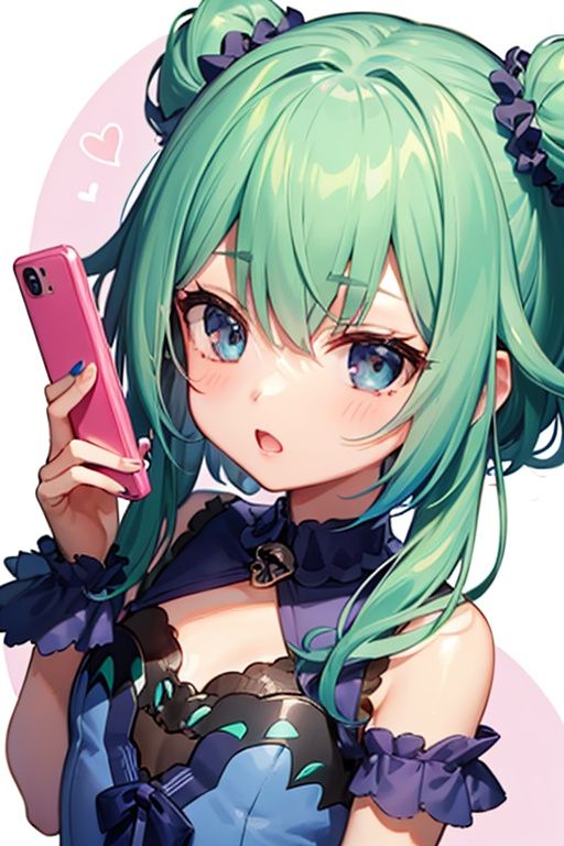 1girl,  anime girl with green hair and blue dress holding a cell phone,  anime girl with teal hair on Tensor.Art