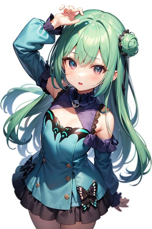 1girl,  anime girl with green hair and blue dress holding a cell phone,  anime girl with teal hair on Tensor.Art