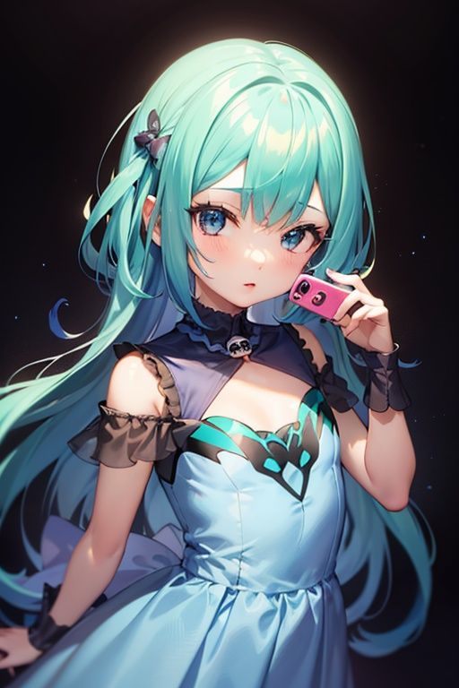 1girl,  anime girl with green hair and blue dress holding a cell phone,  anime girl with teal hair on Tensor.Art