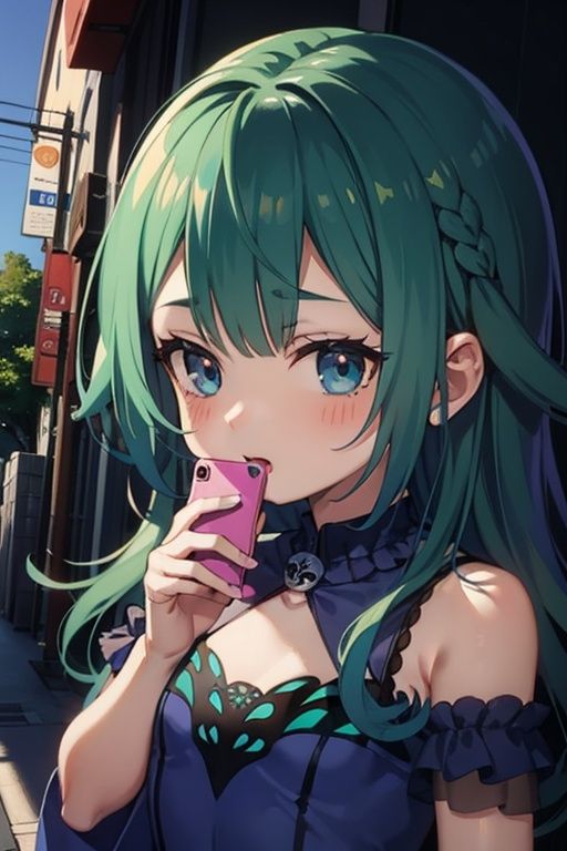 1girl,  anime girl with green hair and blue dress holding a cell phone,  anime girl with teal hair on Tensor.Art