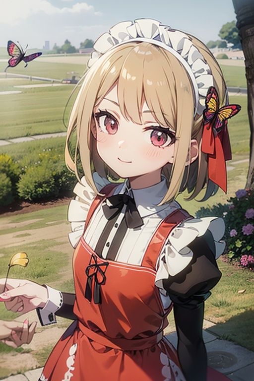 anime girl in a red dress with a butterfly flying above her,  loli in dress,  beautiful anime girl on Tensor.Art