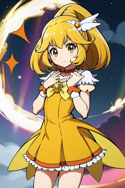 a woman in a yellow dress and a hat with a bird on her head,  symphogear,  anime girl named lucy on Tensor.Art