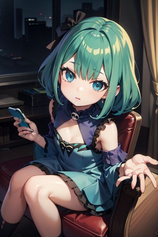 1girl,  anime girl with green hair and blue dress holding a cell phone,  anime girl with teal hair on Tensor.Art