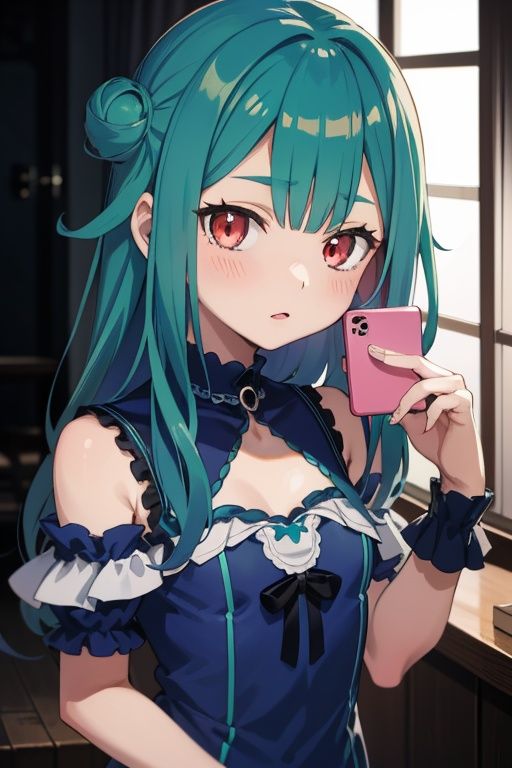 1girl,  anime girl with green hair and blue dress holding a cell phone,  anime girl with teal hair on Tensor.Art