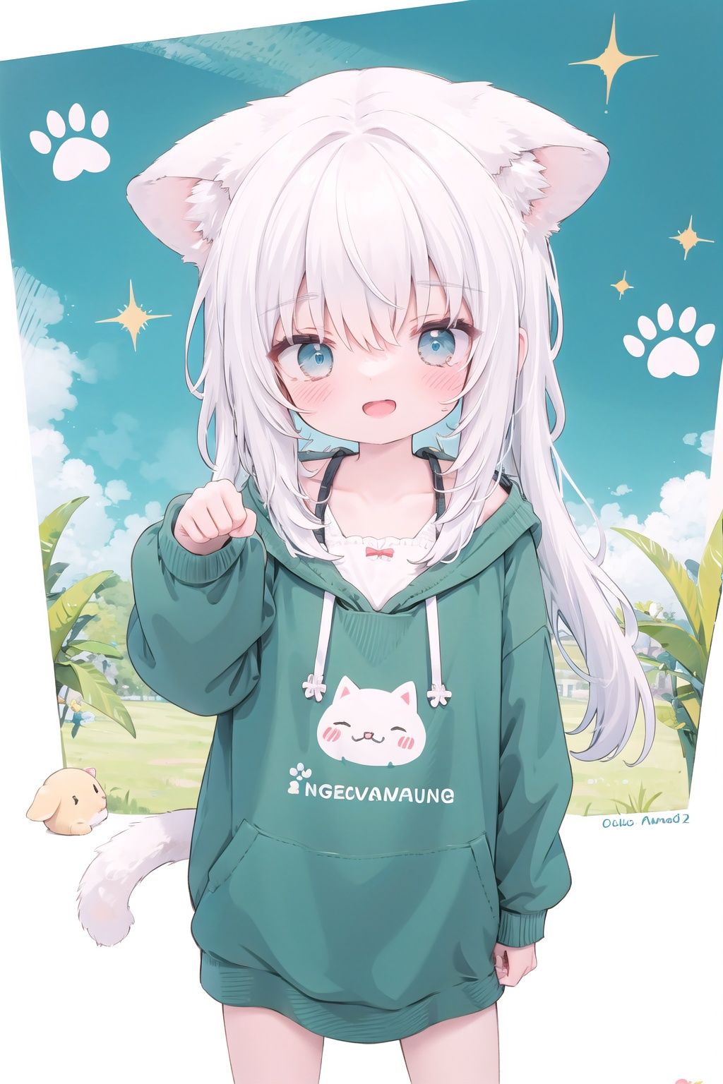 absurdres, highres, colorful BREAK one (loli:0.4) cat girl and small kittens cats, paw pose,white hair, white cat, cat tail, (smile, happy), open mouth, colorful pattern, Cat face pattern, Footprint pattern, (fullbody:0.8) BREAK (solo:1.3), (cute illustration:0.5),(fuwafuwa illustration:0.8), (white background:0.25), standing BREAK, (ears down:1.5), blue eyes,