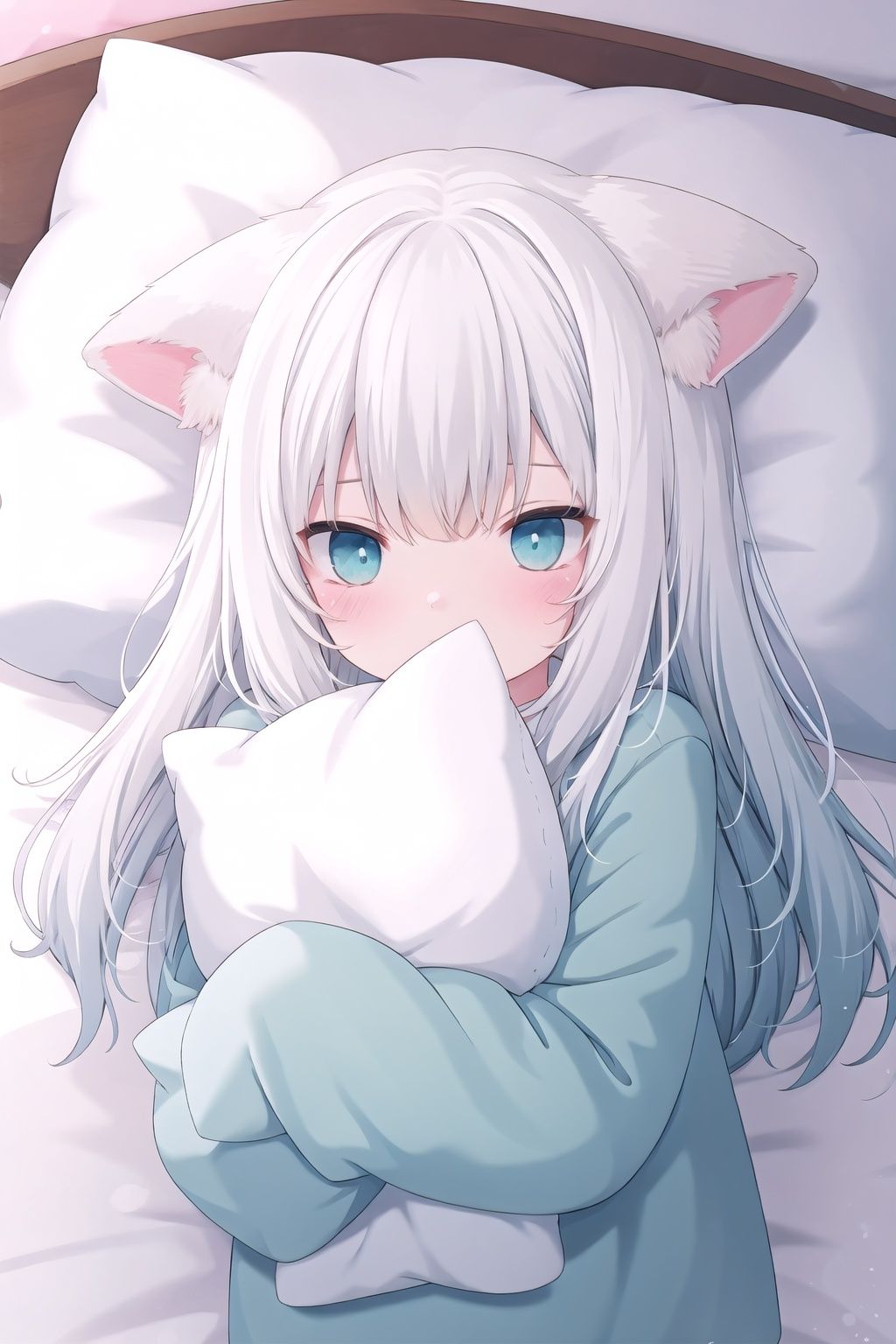 bedroom,pillow hug,pillow,1girl,solo,upper_body,1girl,solo,animal ears,long hair,animal ear fluff,cat ears,white hair,cat girl,very long hair,ahoge,nude,loli,blue eyes,shy, blushing, ears down