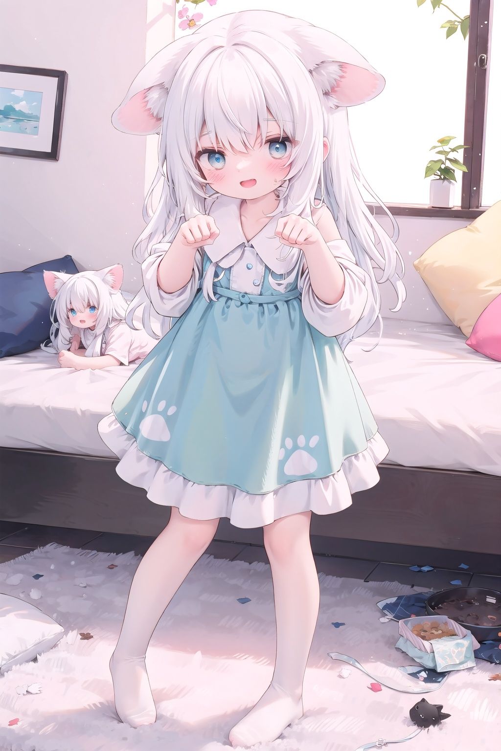  absurdres, highres, colorful BREAK one (loli:0.4) cat girl and small kittens cats, paw pose,white hair, white cat, cat tail, (smile, happy), open mouth, colorful pattern, Cat face pattern, Footprint pattern, (fullbody:0.8) BREAK (solo:1.3), (cute illustration:0.5),(fuwafuwa illustration:0.8), (white background:0.25), standing BREAK, (ears down:1.5), blue eyes,