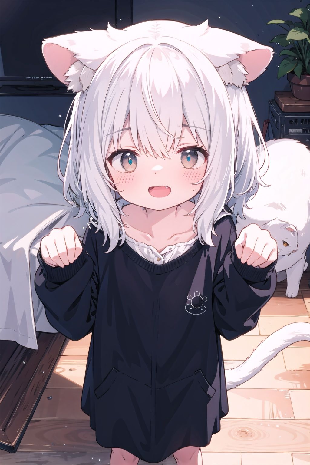  absurdres, highres, colorful BREAK one (loli:0.4) cat girl and small kittens cats, paw pose,white hair, white cat, cat tail, (smile, happy), open mouth, colorful pattern, Cat face pattern, Footprint pattern, (fullbody:0.8) BREAK (solo:1.3), (cute illustration:0.5),(fuwafuwa illustration:0.8), (white background:0.25), standing BREAK, (ears down:1.5)