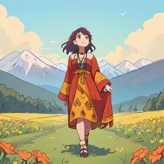 a girl\(full body, bohemian style, flowing dresses, layered clothing, earthy colors, fringe accessories, ethnic prints, natural fabrics\), walking along flower field in a sunny shiny day, Looking up at the sky, there are snow-mountains in the distance, masterpiece, ultra detailed