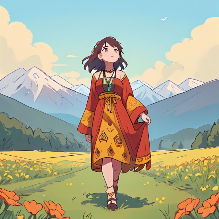 a girl\(full body, bohemian style, flowing dresses, layered clothing, earthy colors, fringe accessories, ethnic prints, natural fabrics\), walking along flower field in a sunny shiny day, Looking up at the sky, there are snow-mountains in the distance, masterpiece, ultra detailed