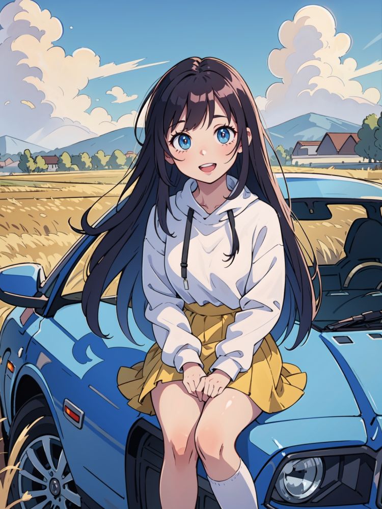 1girl, jacket, white clothes, long hair, happy, yellow skirt, yellow running shoes, white stockings, sitting in the car, looking out,parted lips, gasping,Laugh, laugh,gorgeous,multiple_colors,sunlight, galaxy, multiple_colors_eyes,BREAK,(Sky), Dusk, (Clouds, Wheat Fields, Rice Fields, Pickups, Cars,SFW, (masterpiece:1,2), best quality, masterpiece, highres, original, extremely detailed wallpaper, perfect lighting,(extremely detailed CG:1.2),