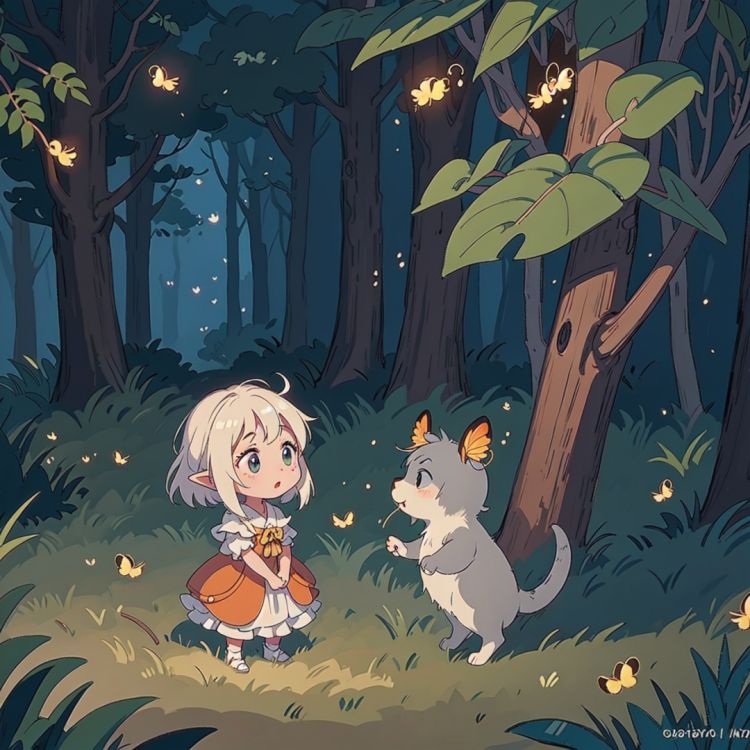  by Hayao Miyazaki, Ghibli style, at night, on a rainy day, under a bell orchid shaped streetlight, a cute little girl and a cute forest elf, with delicate skin, delicate facial features, cute clothing, (((chasing fireflies))) . Behind them are ((a deep fantasy filled art forest background)), psychedelic dreams, (((glowing fireflies))), (delicate raindrops), glowing plants, volumetric lighting, ray tracing, lighting effects, shining points, (Mist), 8K, 2D animation rendering, Perfect Shadows, High Resolution