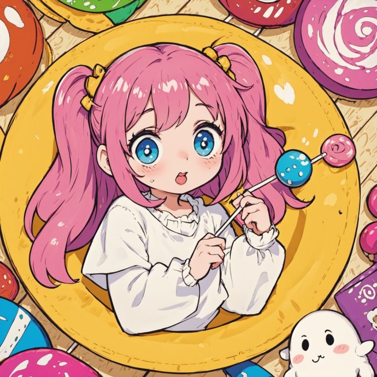 A cute little girl, many lollipops, cute little ghosts in a circle, 