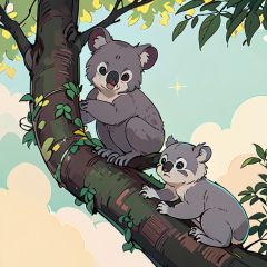  ultra-detailed, an extremely delicate and beautiful, extremely detailed wallpaper, mother koala and baby koala, in a tree, green leaves in the distance,sky,sunsine, in the colorful flowers, sense,best quality, masterpiece, UHD, best quality, 4K of space