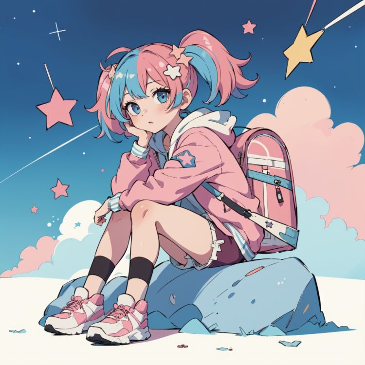  masterpiece, best quality, 8k, cinematic light, ultra high res, chibi, 1girl, bag, backpack, solo, multicolored hair, shorts, star \, (symbol\), blue hair, hood, sitting, pink hair, star hair ornament, head rest, socks, pink footwear, black shorts, hair ornament, full body, boots, bandaid, gradient, twintails, jacket