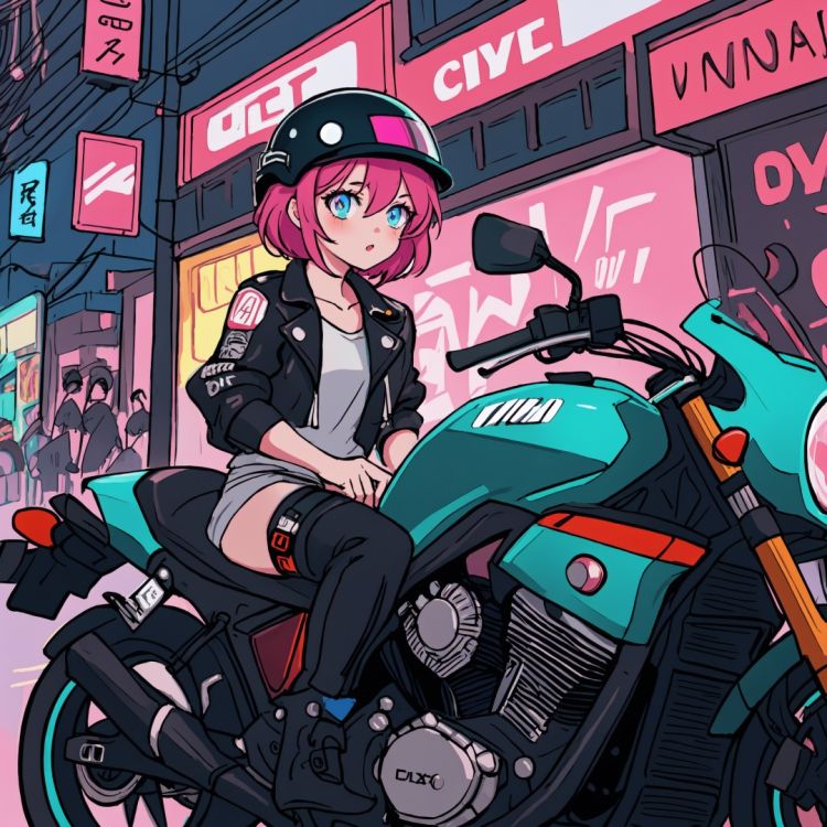 ultra-detailed, an extremely delicate and beautiful, extremely detailed wallpaper, Full Shot, a cyberpunk girl with short pink hair and cybernetic eyes wearing a leather jacket and a helmet riding a futuristic motorcycle in a neon-lit city, cyberpunk, motorcycle, city, neon, leather jacket, best quality, masterpiece, UHD, best quality, 4K
