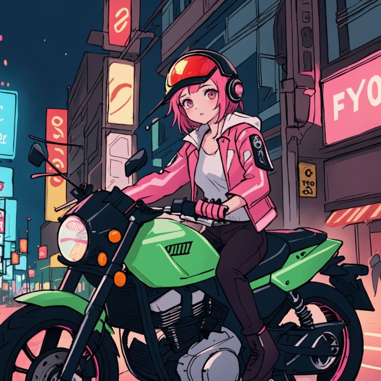  ultra-detailed, an extremely delicate and beautiful, extremely detailed wallpaper, Full Shot, a cyberpunk girl with short pink hair and cybernetic eyes wearing a leather jacket and a helmet riding a futuristic motorcycle in a neon-lit city, cyberpunk, motorcycle, city, neon, leather jacket, best quality, masterpiece, UHD, best quality, 4K
