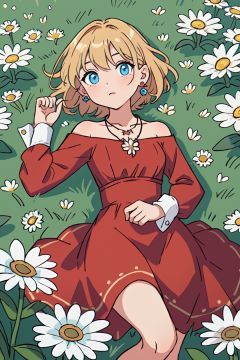 1girl lying, in a field of flowers, red dress, white flower, earrings, looking at viewer, blue eyes, red ribbon, necklace, long sleeves, blonde hair, short hair, daisy
