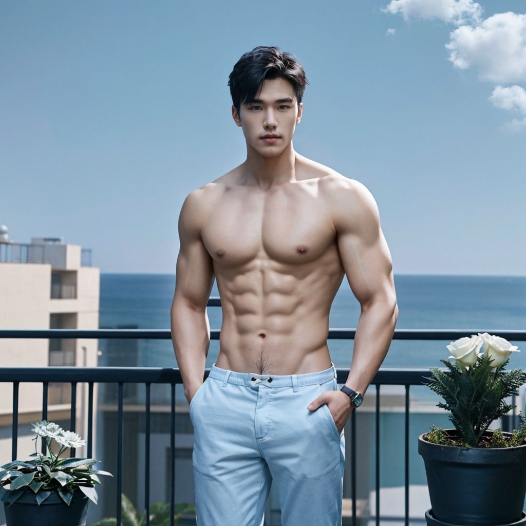  masterpiece, 1 Man, Suit, Outdoor, Light blue sky, balcony, Potted plant, White flower, Body hair, Muscular development,Daofa Rune,2D conceptual design,Flowing scroll