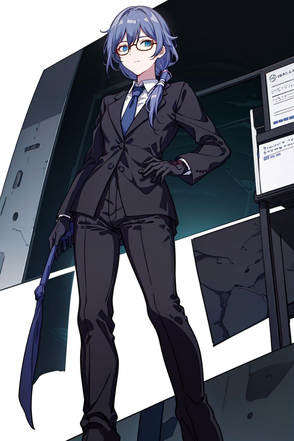 (masterpiece:1.3),(the best quality:1.2),(super fine illustrations:1.2),(Masterpiece),high quality,high detail,(white background:1.2),looking at viewer,(SOLO:1.4),outline,simplebackground,, glasses,suit,long hair,shirt,necktie,jacket,blue eyes,white shirt,fu hua,white gloves,collarbone,hair between eyes,black-framed eyewear,long sleeves,low ponytail,pants,black pants,belt,