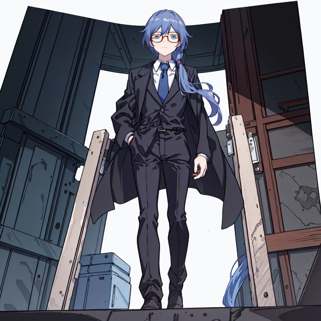 (masterpiece:1.3),(the best quality:1.2),(super fine illustrations:1.2),(Masterpiece),high quality,high detail,(white background:1.2),looking at viewer,(SOLO:1.4),outline,simplebackground,, glasses,suit,long hair,shirt,necktie,jacket,blue eyes,white shirt,fu hua,white gloves,collarbone,hair between eyes,black-framed eyewear,long sleeves,low ponytail,pants,black pants,belt,