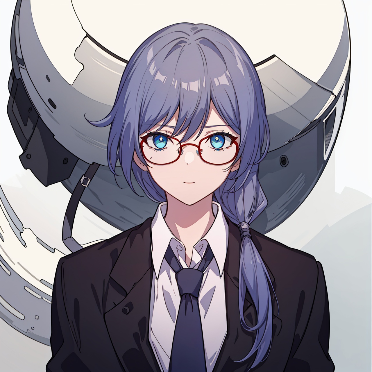  (masterpiece:1.3),(the best quality:1.2),(super fine illustrations:1.2),(Masterpiece),high quality,high detail,(white background:1.2),looking at viewer,(SOLO:1.4),outline,simplebackground,, glasses,suit,long hair,shirt,necktie,jacket,blue eyes,white shirt,fu hua,white gloves,collarbone,hair between eyes,black-framed eyewear,long sleeves,low ponytail,pants,black pants,belt,