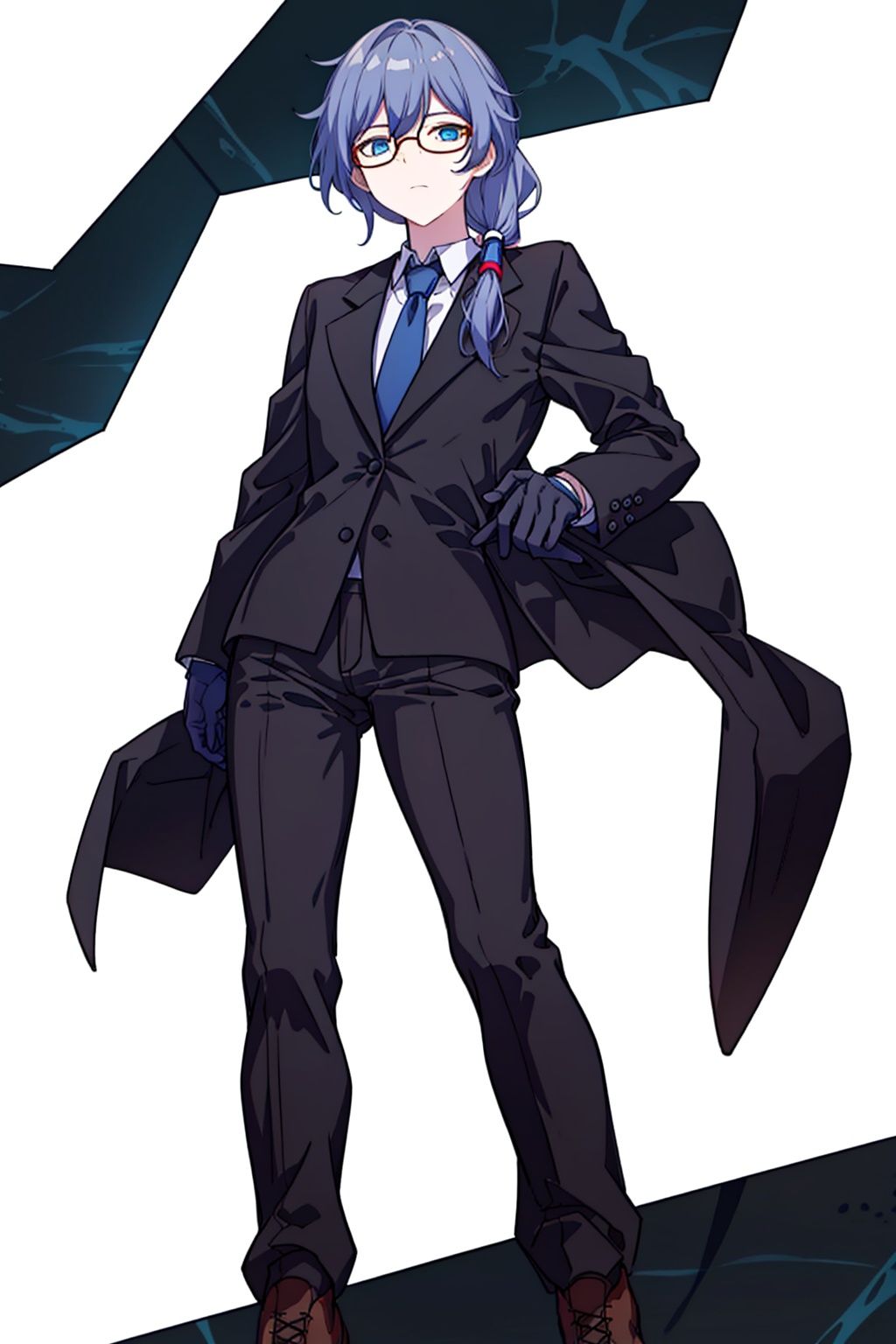 (masterpiece:1.3),(the best quality:1.2),(super fine illustrations:1.2),(Masterpiece),high quality,high detail,(white background:1.2),looking at viewer,(SOLO:1.4),outline,simplebackground,, glasses,suit,long hair,shirt,necktie,jacket,blue eyes,white shirt,fu hua,white gloves,collarbone,hair between eyes,black-framed eyewear,long sleeves,low ponytail,pants,black pants,belt,