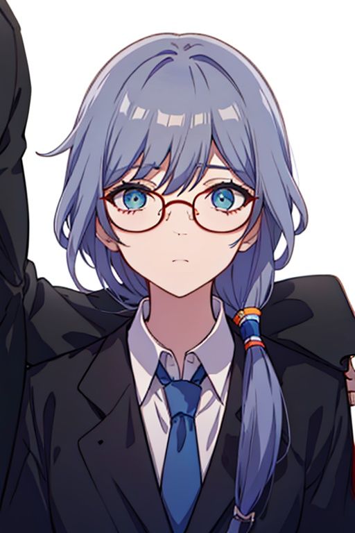 (masterpiece:1.3),(the best quality:1.2),(super fine illustrations:1.2),(Masterpiece),high quality,high detail,(white background:1.2),looking at viewer,(SOLO:1.4),outline,simple background,<lora:符华-特工:0.8>, glasses,suit,long hair,shirt,necktie,jacket,blue eyes,white shirt,fu hua,white gloves,collarbone,hair between eyes,black-framed eyewear,long sleeves,low ponytail,pants,black pants,belt,