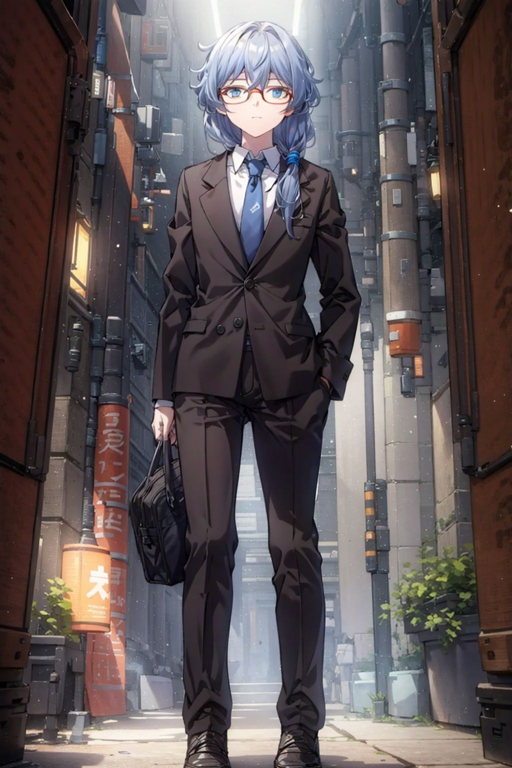 (masterpiece:1.3),(the best quality:1.2),(super fine illustrations:1.2),(Masterpiece),high quality,high detail,(white background:1.2),looking at viewer,(SOLO:1.4),outline,simplebackground,, glasses,suit,long hair,shirt,necktie,jacket,blue eyes,white shirt,fu hua,white gloves,collarbone,hair between eyes,black-framed eyewear,long sleeves,low ponytail,pants,black pants,belt,