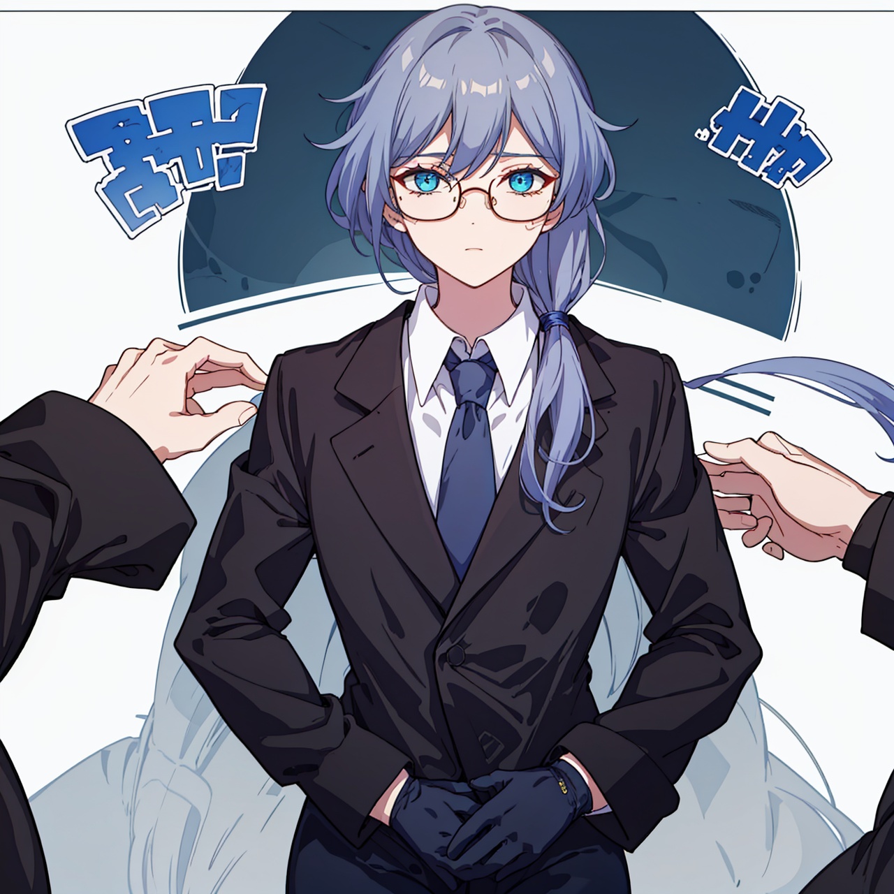  (masterpiece:1.3),(the best quality:1.2),(super fine illustrations:1.2),(Masterpiece),high quality,high detail,(white background:1.2),looking at viewer,(SOLO:1.4),outline,simplebackground,, glasses,suit,long hair,shirt,necktie,jacket,blue eyes,white shirt,fu hua,white gloves,collarbone,hair between eyes,black-framed eyewear,long sleeves,low ponytail,pants,black pants,belt,