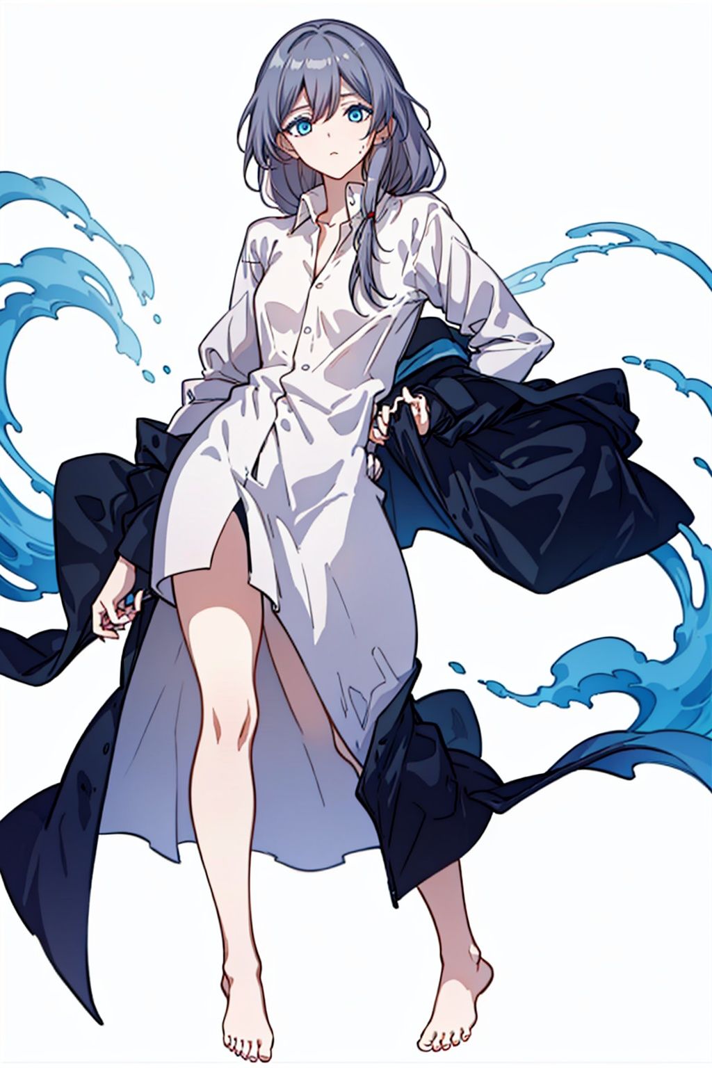 (masterpiece:1.3),(the best quality:1.2),(super fine illustrations:1.2),(Masterpiece),high quality,high detail,(white background:1.2),looking at viewer,(SOLO:1.4),outline,simplebackground,, blue eyes,fu hua,hair between eyes,barefoot,thighhighs,hair ornament,low-tied long hair,long sleeves,hair ribbon,dirty clothes,grey hair,white shirt,shirt,long hair,bangs,1girl,
