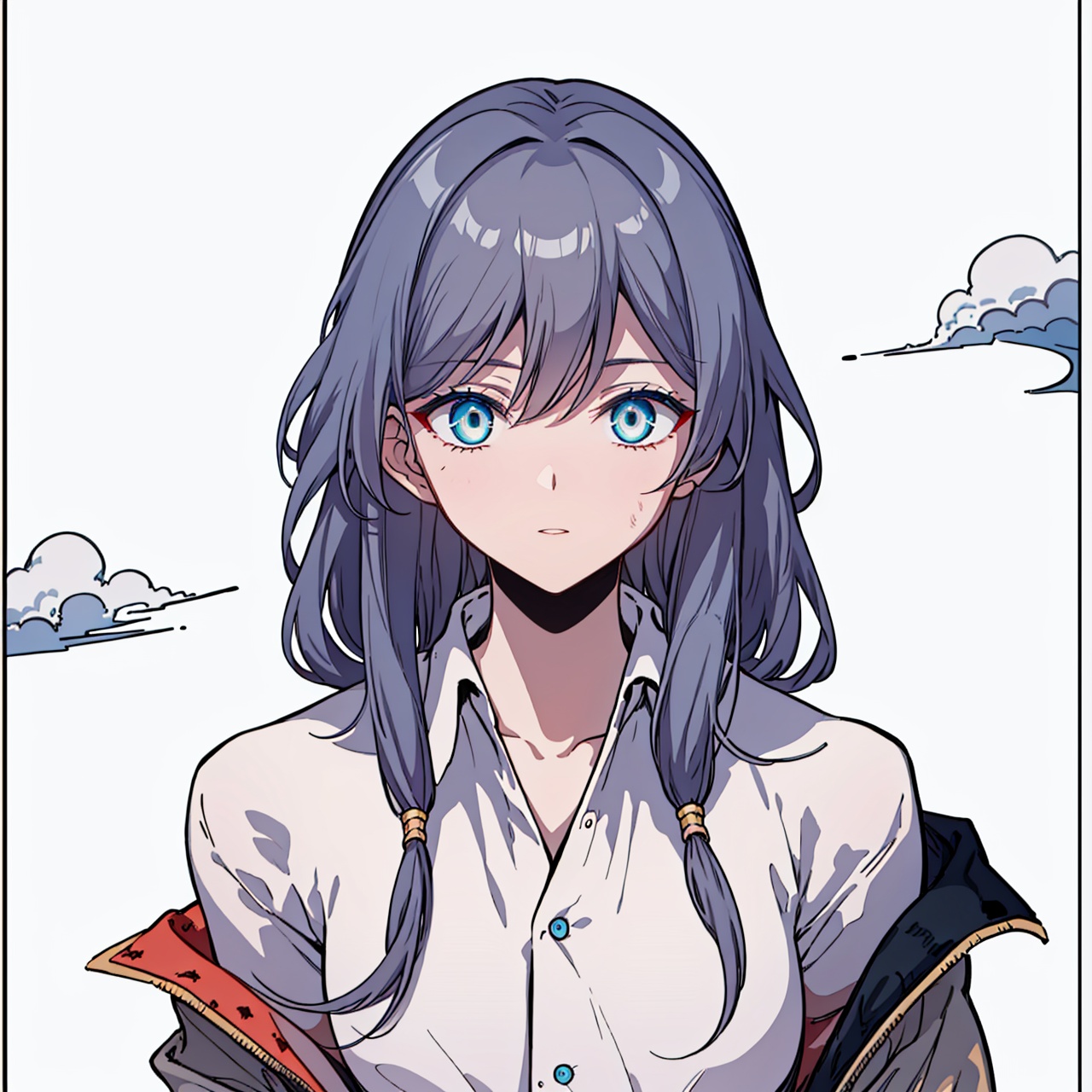  (masterpiece:1.3),(the best quality:1.2),(super fine illustrations:1.2),(Masterpiece),high quality,high detail,(white background:1.2),looking at viewer,(SOLO:1.4),outline,simplebackground,, blue eyes,fu hua,hair between eyes,barefoot,thighhighs,hair ornament,low-tied long hair,long sleeves,hair ribbon,dirty clothes,grey hair,white shirt,shirt,long hair,bangs,1girl,