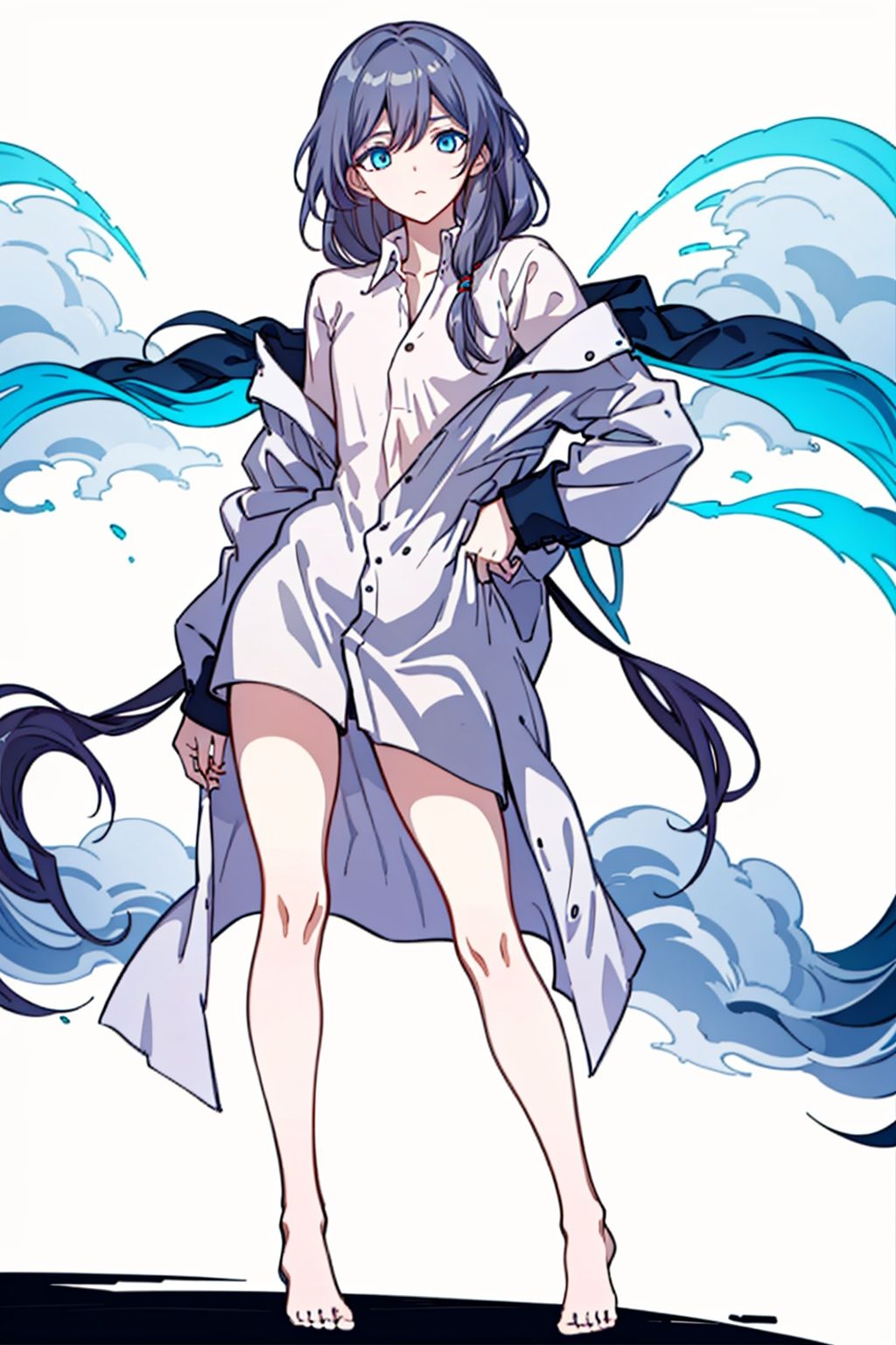 (masterpiece:1.3),(the best quality:1.2),(super fine illustrations:1.2),(Masterpiece),high quality,high detail,(white background:1.2),looking at viewer,(SOLO:1.4),outline,simplebackground,, blue eyes,fu hua,hair between eyes,barefoot,thighhighs,hair ornament,low-tied long hair,long sleeves,hair ribbon,dirty clothes,grey hair,white shirt,shirt,long hair,bangs,1girl,