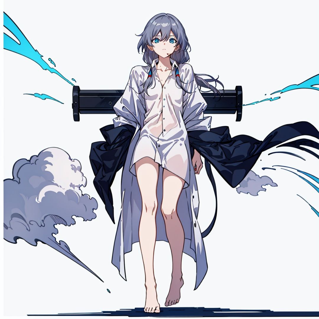 (masterpiece:1.3),(the best quality:1.2),(super fine illustrations:1.2),(Masterpiece),high quality,high detail,(white background:1.2),looking at viewer,(SOLO:1.4),outline,simplebackground,, blue eyes,fu hua,hair between eyes,barefoot,thighhighs,hair ornament,low-tied long hair,long sleeves,hair ribbon,dirty clothes,grey hair,white shirt,shirt,long hair,bangs,1girl,