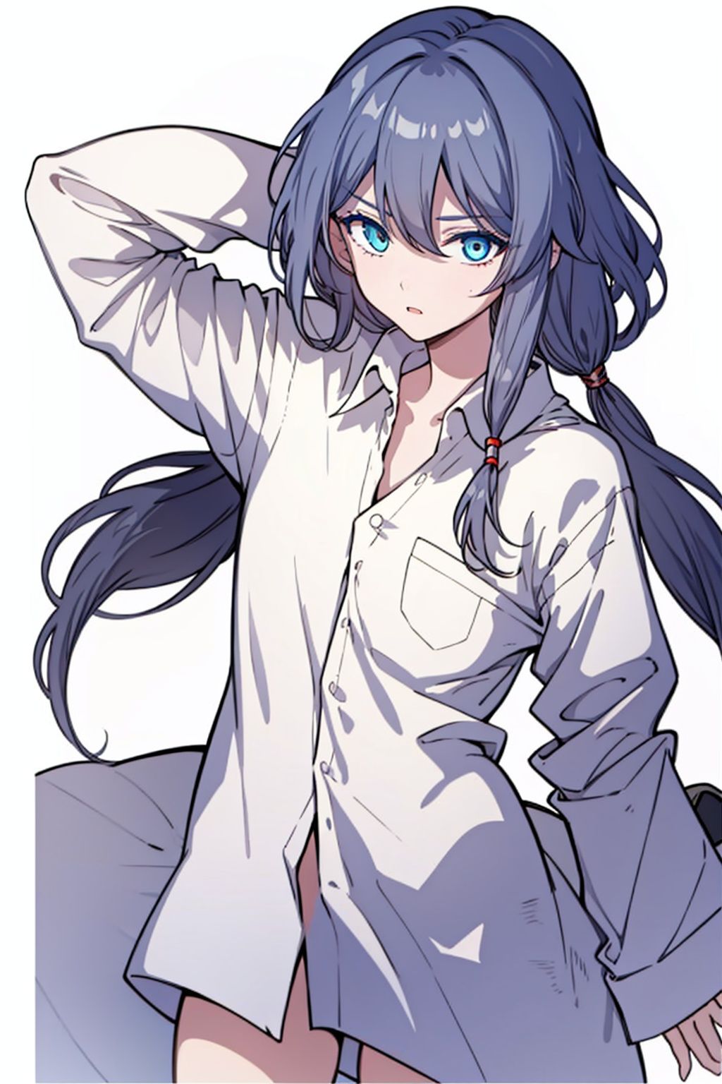  (masterpiece:1.3),(the best quality:1.2),(super fine illustrations:1.2),(Masterpiece),high quality,high detail,(white background:1.2),looking at viewer,(SOLO:1.4),outline,simplebackground,, blue eyes,fu hua,hair between eyes,barefoot,thighhighs,hair ornament,low-tied long hair,long sleeves,hair ribbon,grey hair,white shirt,long hair,bangs,1girl,