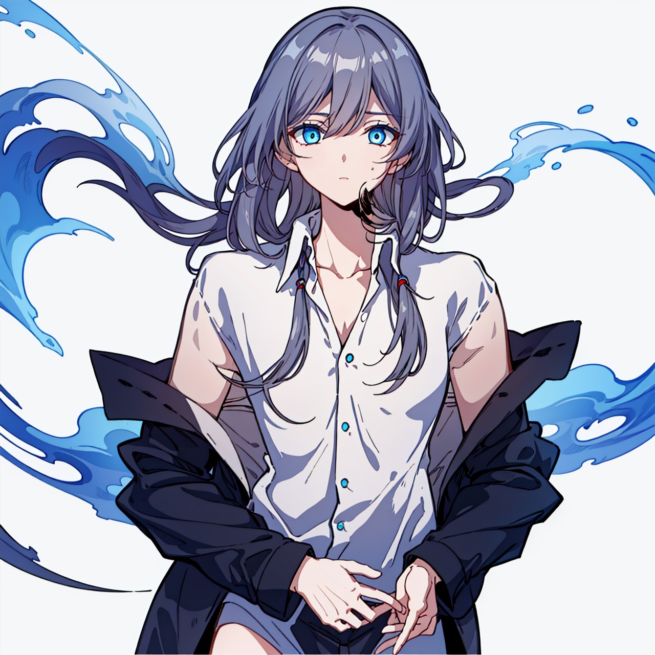  (masterpiece:1.3),(the best quality:1.2),(super fine illustrations:1.2),(Masterpiece),high quality,high detail,(white background:1.2),looking at viewer,(SOLO:1.4),outline,simplebackground,, blue eyes,fu hua,hair between eyes,barefoot,thighhighs,hair ornament,low-tied long hair,long sleeves,hair ribbon,dirty clothes,grey hair,white shirt,shirt,long hair,bangs,1girl,