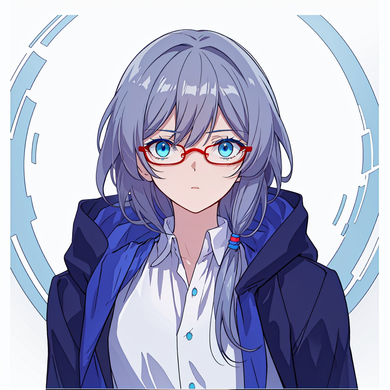  (masterpiece:1.3),(the best quality:1.2),(super fine illustrations:1.2),(Masterpiece),high quality,high detail,(white background:1.2),looking at viewer,(SOLO:1.4),outline,simplebackground,, long hair,red-framed eyewear,blue eyes,bangs,hair ornament,long sleeves,blue jacket,hair between eyes,fu hua,thighhighs,messy hair,hooded jacket,hood down,side ponytail,hood,collarbone,white shirt,coat,barefoot,puffy sleeves,low ponytail,grey hair,