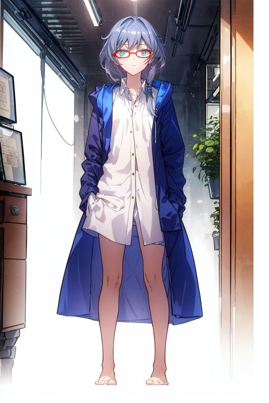 (masterpiece:1.3),(the best quality:1.2),(super fine illustrations:1.2),(Masterpiece),high quality,high detail,(white background:1.2),looking at viewer,(SOLO:1.4),outline,simplebackground,, long hair,red-framed eyewear,blue eyes,bangs,hair ornament,long sleeves,blue jacket,hair between eyes,fu hua,thighhighs,messy hair,hooded jacket,hood down,side ponytail,hood,collarbone,white shirt,coat,barefoot,puffy sleeves,low ponytail,grey hair,