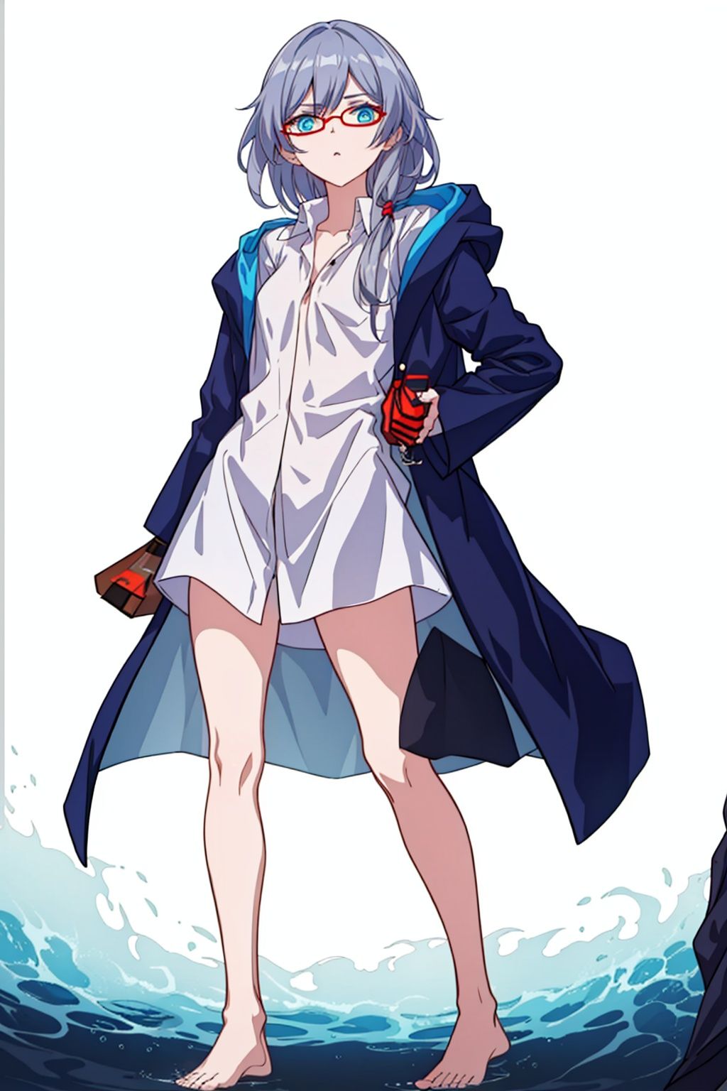 (masterpiece:1.3),(the best quality:1.2),(super fine illustrations:1.2),(Masterpiece),high quality,high detail,(white background:1.2),looking at viewer,(SOLO:1.4),outline,simplebackground,, long hair,red-framed eyewear,blue eyes,bangs,hair ornament,long sleeves,blue jacket,hair between eyes,fu hua,thighhighs,messy hair,hooded jacket,hood down,side ponytail,hood,collarbone,white shirt,coat,barefoot,puffy sleeves,low ponytail,grey hair,