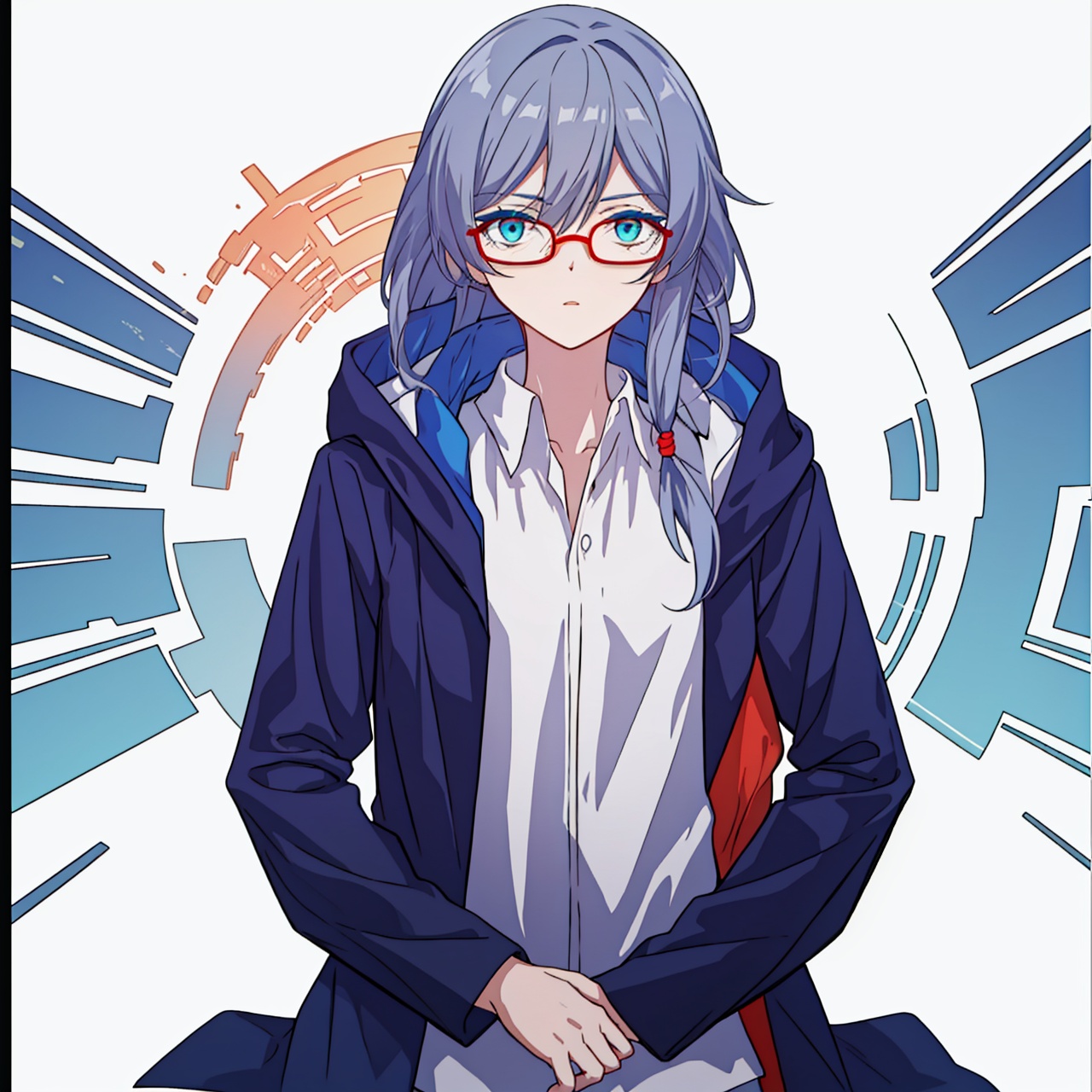  (masterpiece:1.3),(the best quality:1.2),(super fine illustrations:1.2),(Masterpiece),high quality,high detail,(white background:1.2),looking at viewer,(SOLO:1.4),outline,simplebackground,, long hair,red-framed eyewear,blue eyes,bangs,hair ornament,long sleeves,blue jacket,hair between eyes,fu hua,thighhighs,messy hair,hooded jacket,hood down,side ponytail,hood,collarbone,white shirt,coat,barefoot,puffy sleeves,low ponytail,grey hair,