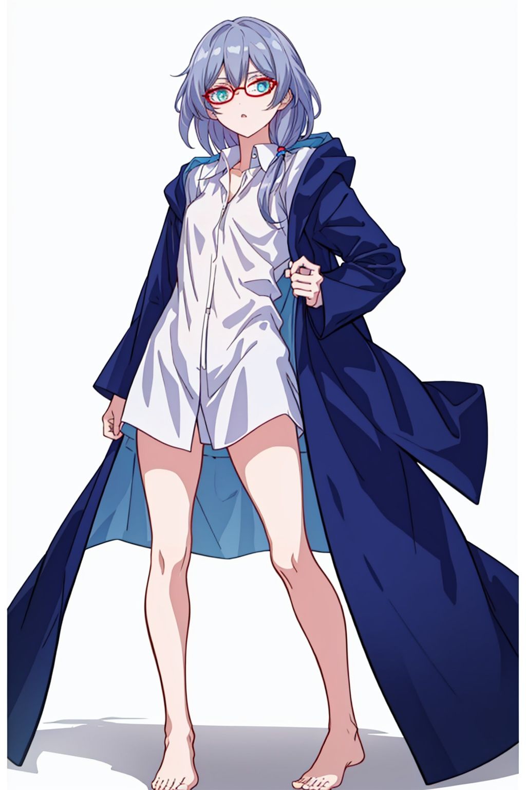 (masterpiece:1.3),(the best quality:1.2),(super fine illustrations:1.2),(Masterpiece),high quality,high detail,(white background:1.2),looking at viewer,(SOLO:1.4),outline,simplebackground,, long hair,red-framed eyewear,blue eyes,bangs,hair ornament,long sleeves,blue jacket,hair between eyes,fu hua,thighhighs,messy hair,hooded jacket,hood down,side ponytail,hood,collarbone,white shirt,coat,barefoot,puffy sleeves,low ponytail,grey hair,