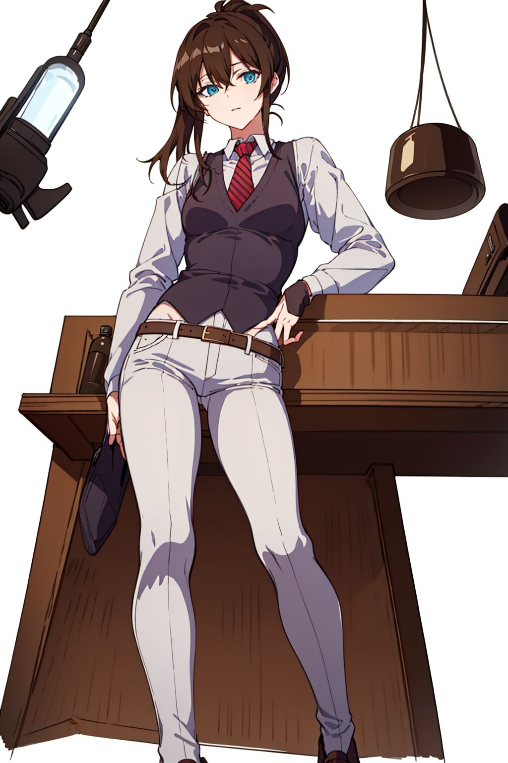 (masterpiece:1.3),(the best quality:1.2),(super fine illustrations:1.2),(Masterpiece),high quality,high detail,(white background:1.2),looking at viewer,(SOLO:1.4),outline,simplebackground,, necktie,long hair,brown hair,hair over one eye,ponytail,long sleeves,white shirt,bartender,pants,belt,shirt,red necktie,vest,