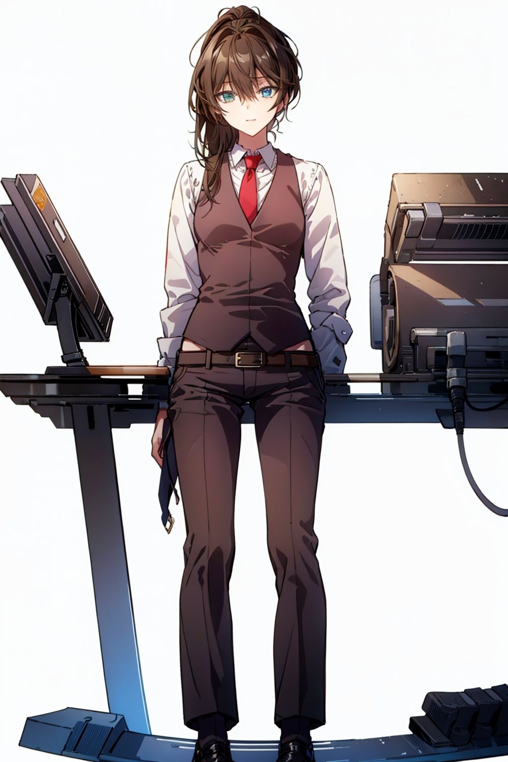 (masterpiece:1.3),(the best quality:1.2),(super fine illustrations:1.2),(Masterpiece),high quality,high detail,(white background:1.2),looking at viewer,(SOLO:1.4),outline,simplebackground,, necktie,long hair,brown hair,hair over one eye,ponytail,long sleeves,white shirt,bartender,pants,belt,shirt,red necktie,vest,