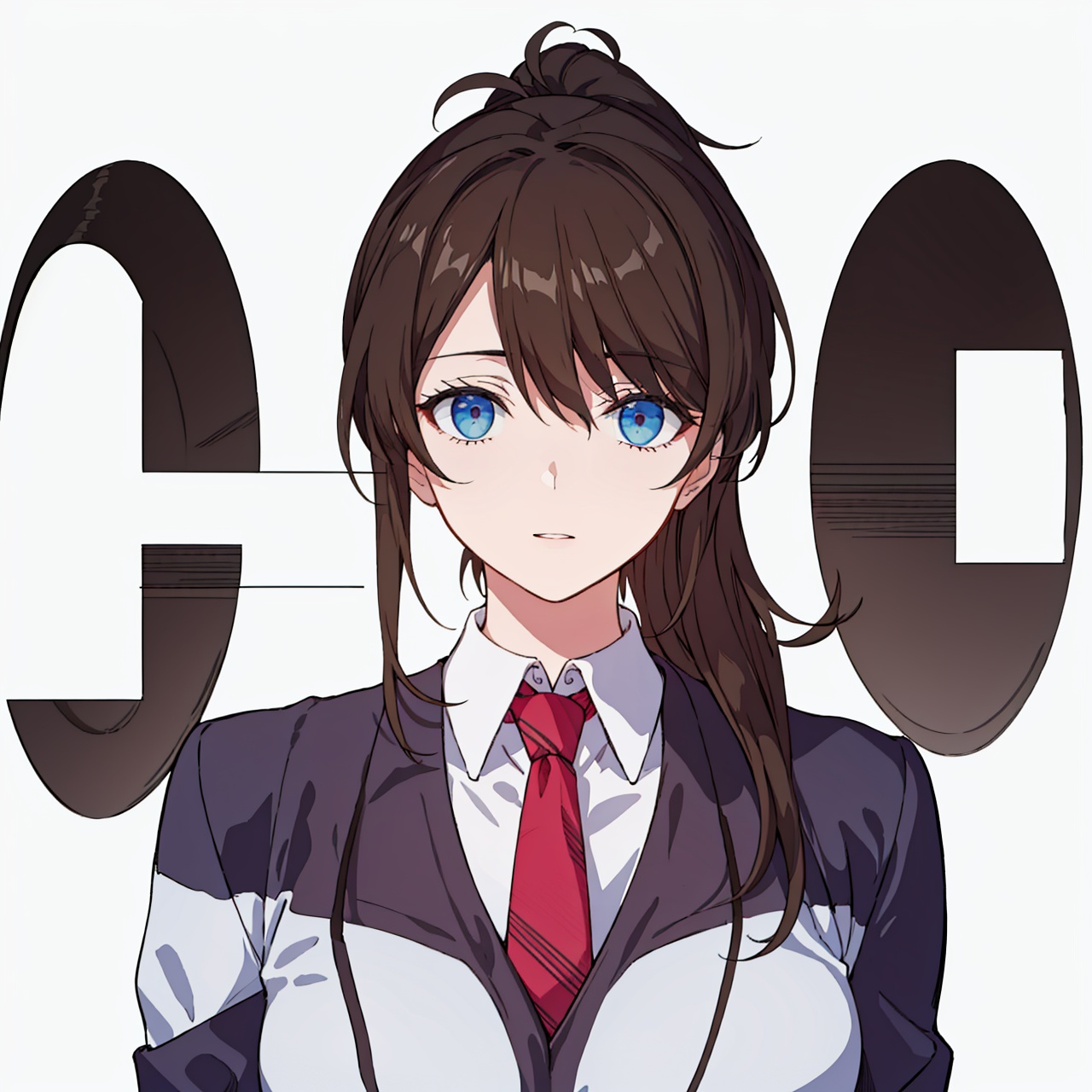  (masterpiece:1.3),(the best quality:1.2),(super fine illustrations:1.2),(Masterpiece),high quality,high detail,(white background:1.2),looking at viewer,(SOLO:1.4),outline,simplebackground,, necktie,long hair,brown hair,hair over one eye,ponytail,long sleeves,white shirt,bartender,pants,belt,shirt,red necktie,vest,