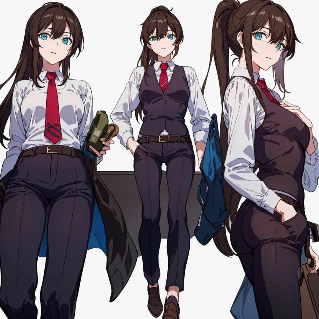(masterpiece:1.3),(the best quality:1.2),(super fine illustrations:1.2),(Masterpiece),high quality,high detail,(white background:1.2),looking at viewer,(SOLO:1.4),outline,simplebackground,, necktie,long hair,brown hair,hair over one eye,ponytail,long sleeves,white shirt,bartender,pants,belt,shirt,red necktie,vest,