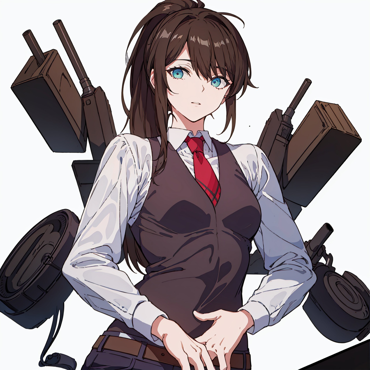  (masterpiece:1.3),(the best quality:1.2),(super fine illustrations:1.2),(Masterpiece),high quality,high detail,(white background:1.2),looking at viewer,(SOLO:1.4),outline,simplebackground,, necktie,long hair,brown hair,hair over one eye,ponytail,long sleeves,white shirt,bartender,pants,belt,shirt,red necktie,vest,