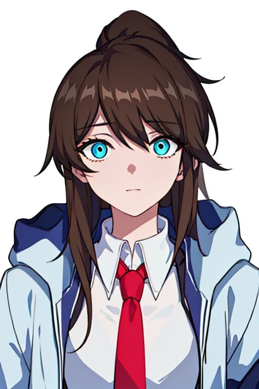 (masterpiece:1.3),(the best quality:1.2),(super fine illustrations:1.2),(Masterpiece),high quality,high detail,(white background:1.2),looking at viewer,(SOLO:1.4),outline,simple background,<lora:wraith-任务:0.8>, necktie,hair over one eye,pants,white shirt,shirt,blue jacket,blue eyes,ponytail,hood,jacket,red necktie,brown hair,