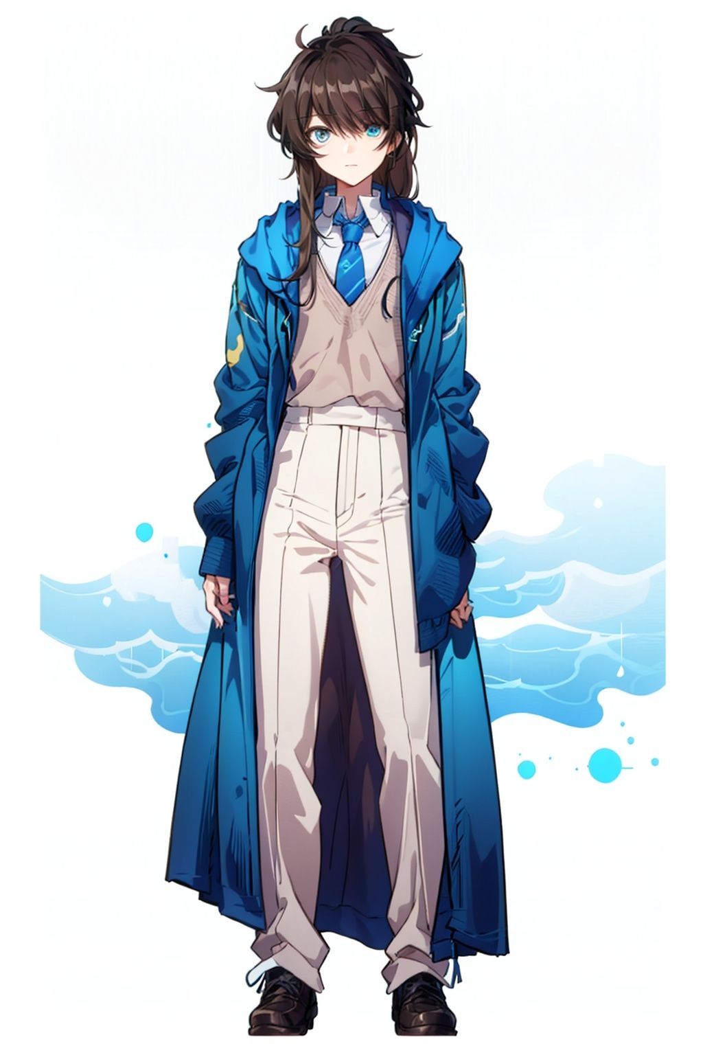 (masterpiece:1.3),(the best quality:1.2),(super fine illustrations:1.2),(Masterpiece),high quality,high detail,(white background:1.2),looking at viewer,(SOLO:1.4),outline,simplebackground,, necktie,hair over one eye,pants,white shirt,shirt,blue jacket,blue eyes,ponytail,hood,jacket,red necktie,brown hair,