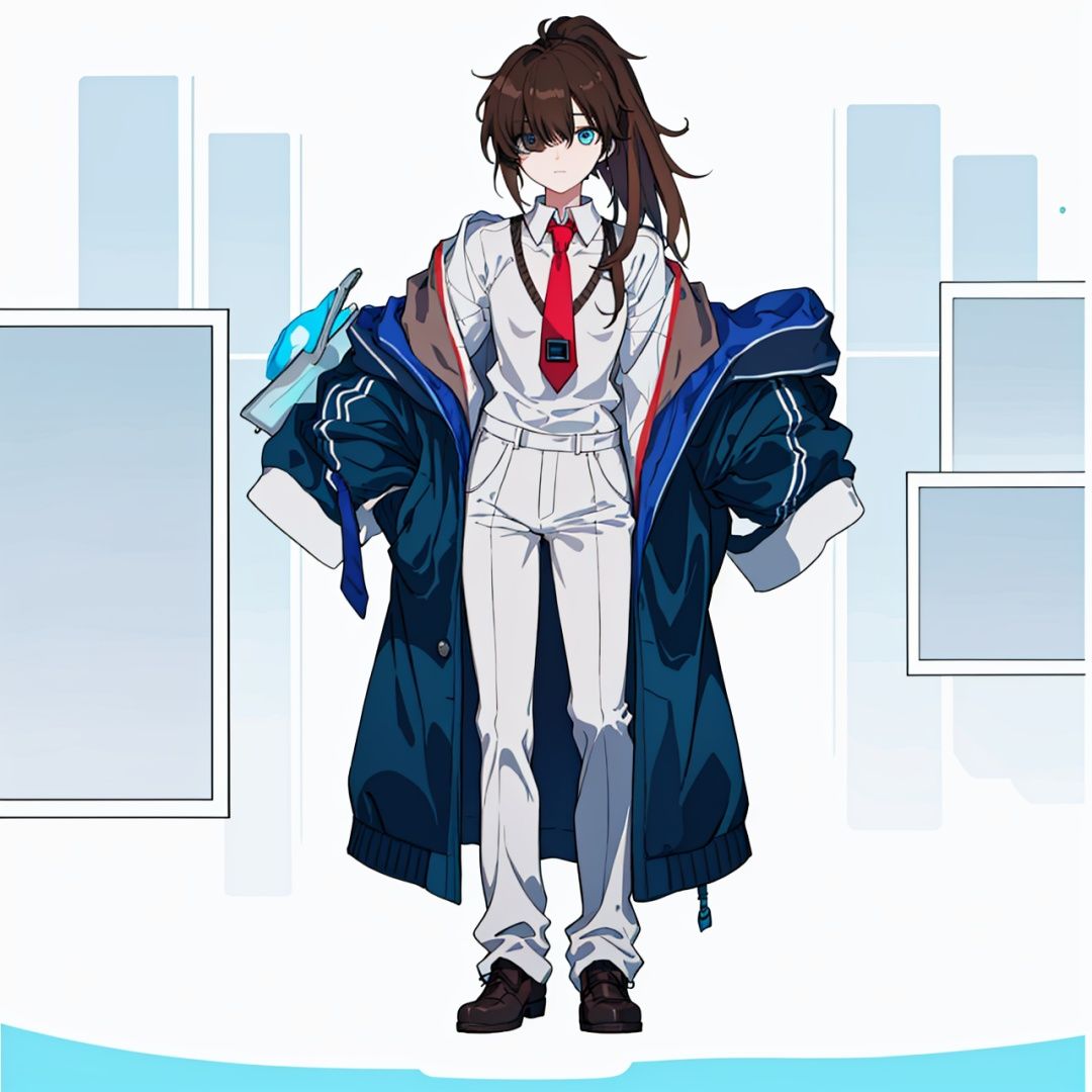 (masterpiece:1.3),(the best quality:1.2),(super fine illustrations:1.2),(Masterpiece),high quality,high detail,(white background:1.2),looking at viewer,(SOLO:1.4),outline,simplebackground,, necktie,hair over one eye,pants,white shirt,shirt,blue jacket,blue eyes,ponytail,hood,jacket,red necktie,brown hair,